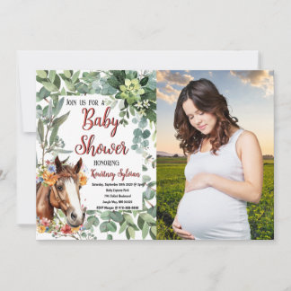 水彩馬フローラカスタム写真ベビーシャワー 招待状
