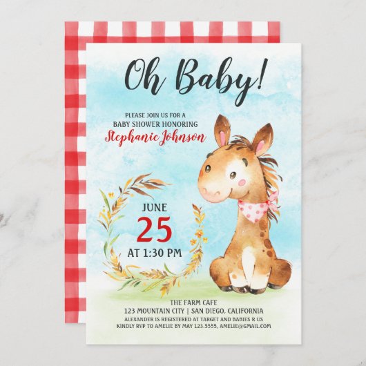 水彩馬ベビーシャワーファーム招待状 招待状 (正面/裏面)