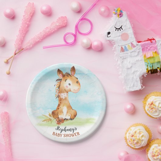 水彩馬ベビーシャワーファーム ペーパープレート (パーティー)