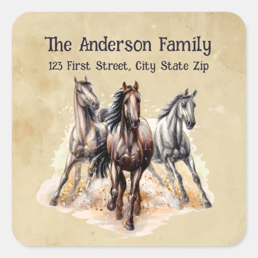 水彩馬場動物アート スクエアシール (正面)