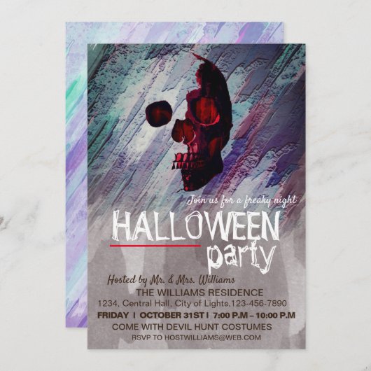 水彩骨格ブルーハロウィン色彩の鮮やかアート 招待状 (正面/裏面)