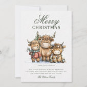 水彩高地の牛の素朴クリスマス シーズンカード (正面)