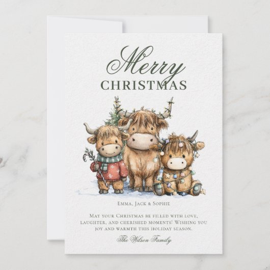 水彩高地の牛の素朴クリスマス シーズンカード (正面)