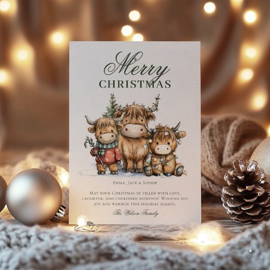 水彩高地の牛の素朴クリスマス シーズンカード