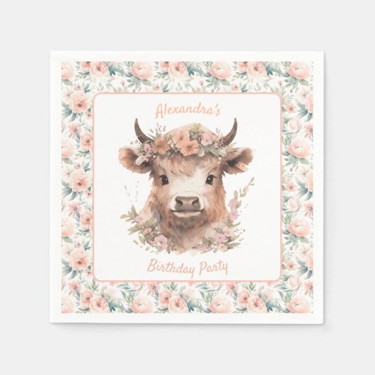 水彩高地カウシャワー/誕生日プレート スタンダードカクテルナプキン (正面)