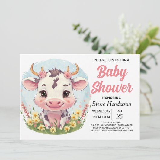 水彩魅力可愛い牛の赤ちゃんシャワー 招待状 (スタンド正面)
