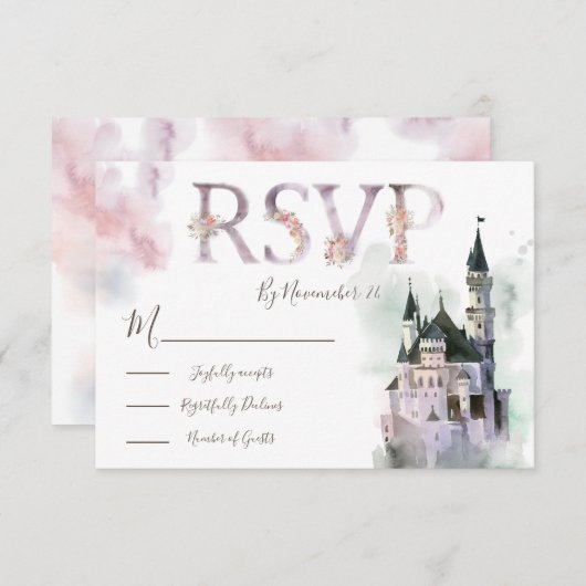 水彩魅惑された城の応答カードRSVP 出欠カード (正面/裏面)
