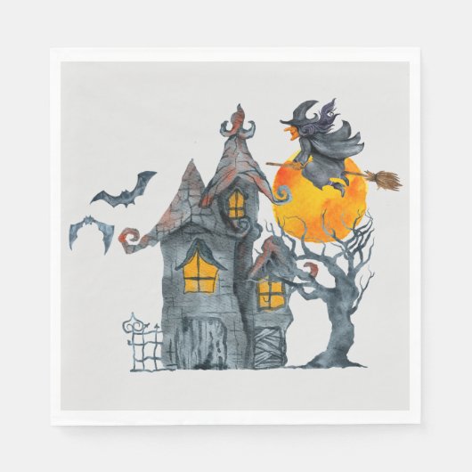 水彩魔女と不気味なハウスハロウィーン昼寝 スタンダードランチョンナプキン (正面)