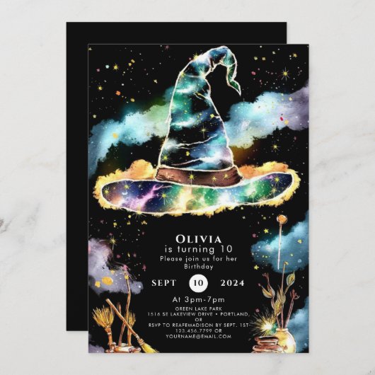 水彩魔法キッズウィザード誕生日 招待状 (正面/裏面)