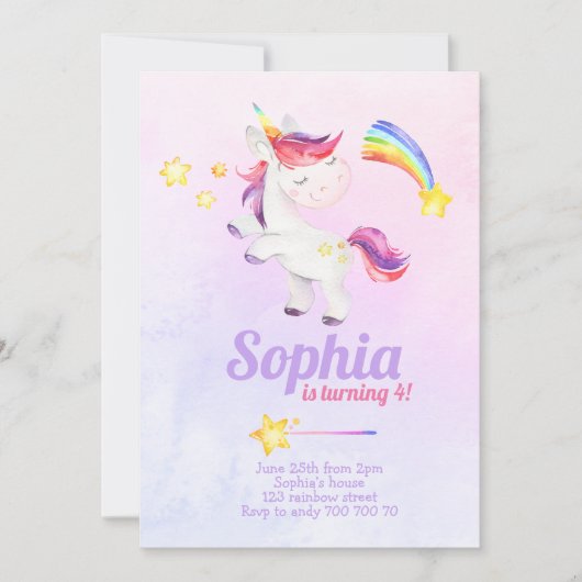 水彩魔法ユニコーンレインボーパステル誕生日 招待状 (正面)