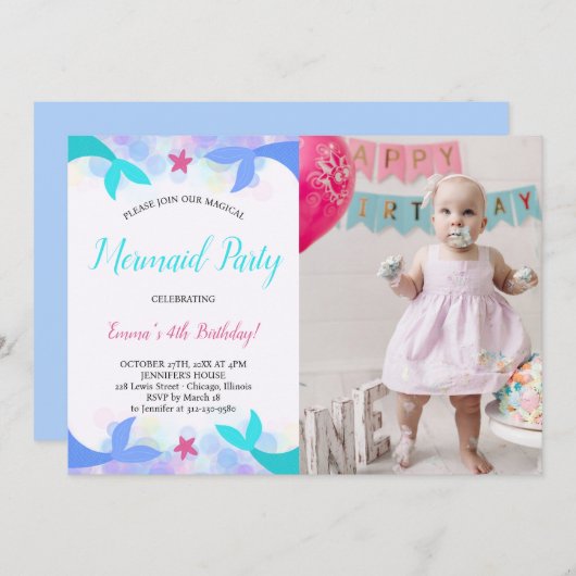 水彩魔法人魚生日照片 招待状 (正面/裏面)