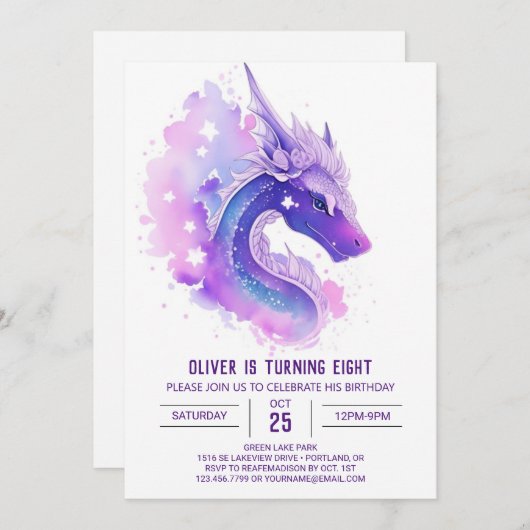 水彩魔法天龍誕生日 招待状 (正面/裏面)