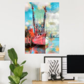 水彩魚釣りボートatサンセット ポスター (ホームオフィス)