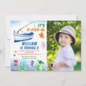 水彩魚釣り誕生日ビーチパーティー写真 招待状 (正面)