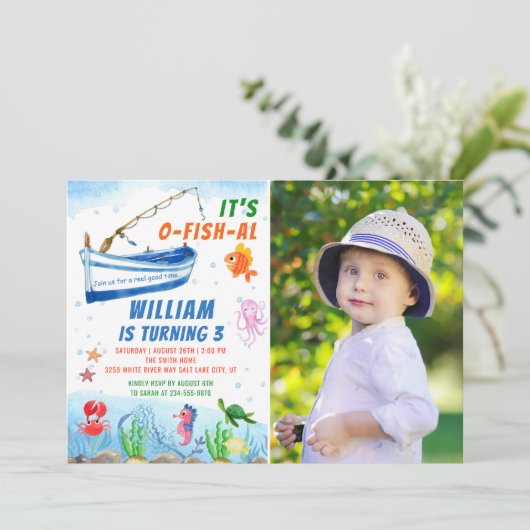 水彩魚釣り誕生日ビーチパーティー写真 招待状 (スタンド正面)