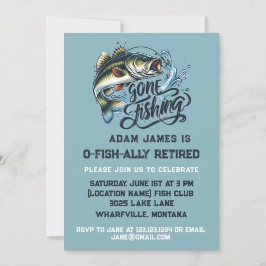 水彩魚釣り退職パーティー – 去った魚釣り 招待状 (正面)