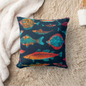 水彩魚：深いブルーシームレス クッション (ブランケット)