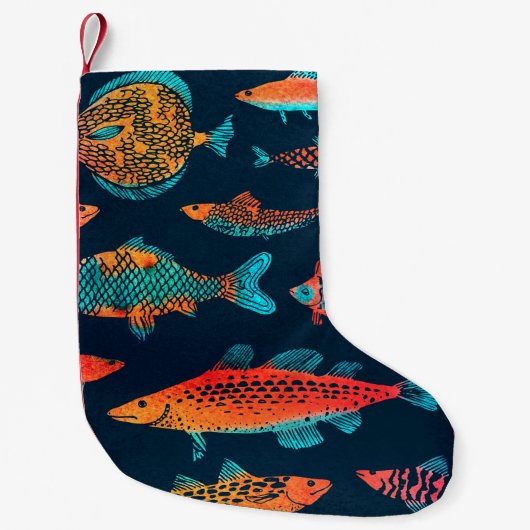 水彩魚：深いブルーシームレス スモールクリスマスストッキング (正面)