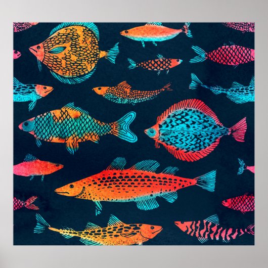 水彩魚:深いブルーシームレス ポスター (正面)