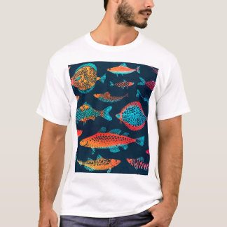 水彩魚：深いブルーシームレス Tシャツ