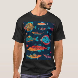 水彩魚：深いブルーシームレス Tシャツ