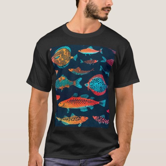 水彩魚：深いブルーシームレス Tシャツ (正面)