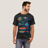 水彩魚：深いブルーシームレス Tシャツ (正面フル)