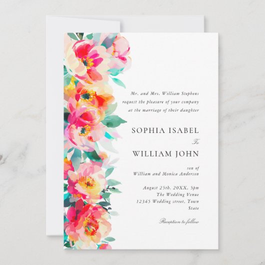 水彩鮮やかなピンクのオレンジ色の結婚花 招待状 (正面)