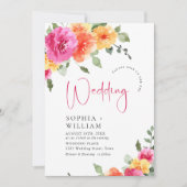 水彩鮮やかなピンクのオレンジ色の結婚花 招待状 (正面)