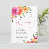 水彩鮮やかなピンクのオレンジ色の結婚花 招待状 (スタンド正面)