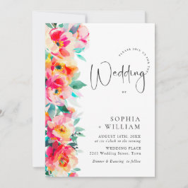 水彩鮮やかなピンクのオレンジ色の結婚花 招待状