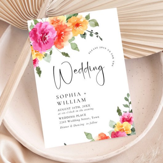 水彩鮮やかなピンクのオレンジ色の結婚花 招待状