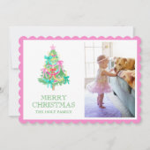 水彩鮮やかなピンクの弓コケットのクリスマスフォト シーズンカード (正面)
