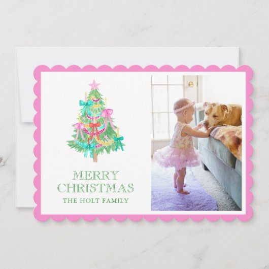 水彩鮮やかなピンクの弓コケットのクリスマスフォト シーズンカード (正面)