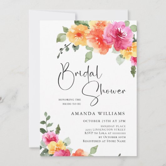水彩鮮やかなピンク色の花ブライダルシャワー写真 招待状 (正面)