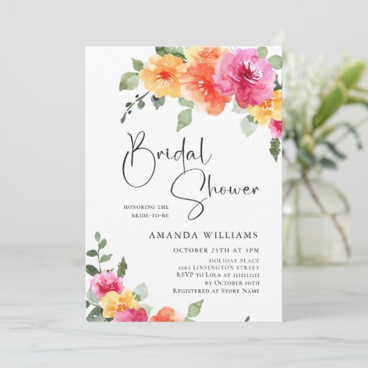 水彩鮮やかなピンク色の花ブライダルシャワー写真 招待状 (スタンド正面)