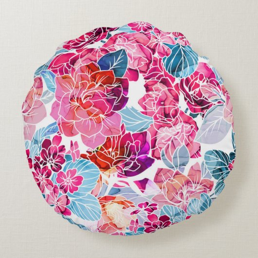 水彩鮮やか花模様 ラウンドクッション (裏面)