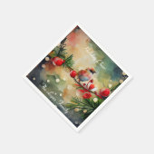 水彩鳥とベリーの枝のクリスマス スタンダードカクテルナプキン (角)