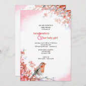 水彩鳥のピンク招待状 招待状 (正面/裏面)