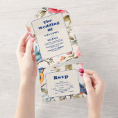 水彩鳥の牡丹チノワズリー庭園の結婚式 オールインワン招待状 (貼ってはがせる)