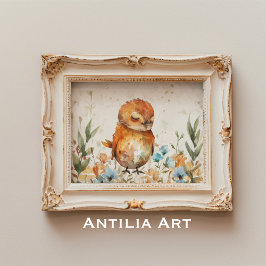 水彩鳥イラストレーション素朴フローラフィールド ポスター