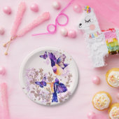 水彩鳥フローラ紫グリッター ペーパープレート (パーティー)
