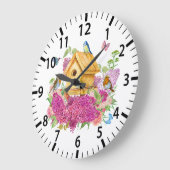 水彩鳥小屋、鳥と薄紫の花 ラージ壁時計 (傾斜)