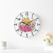 水彩鳥小屋、鳥と薄紫の花 ラージ壁時計 (ホーム)