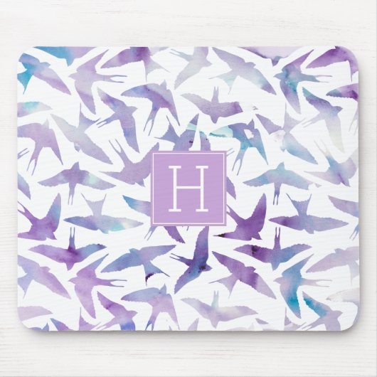 水彩鳥模様とモノグラム マウスパッド (正面)
