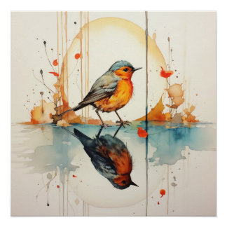 水彩鳥：ミニマリズムの美しい詳細 ポスター