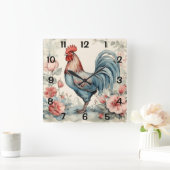 水彩鶏と花 スクエア壁時計 (ホーム)