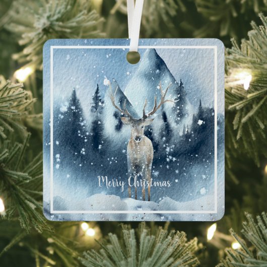 水彩鹿と雪のカスタム休日 メタルオーナメント (インサイチュ)