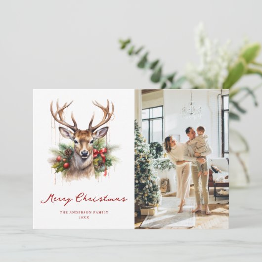 水彩鹿の松フォトメリークリスマスカード シーズンカード (スタンド正面)