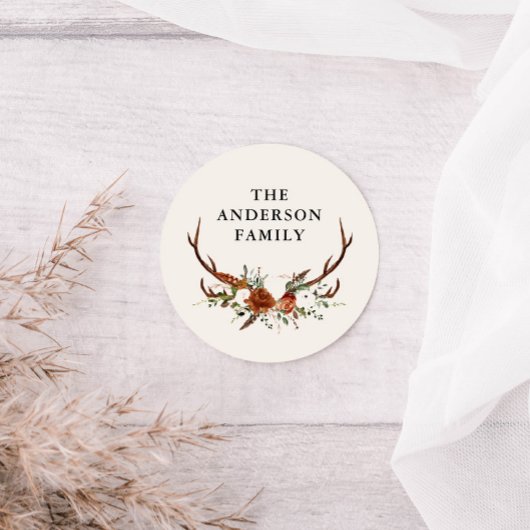 水彩鹿の花柄テラコッタ モダンエレガント ラウンドシール